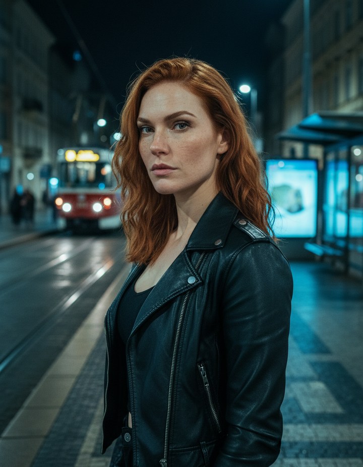 AI-generated portrait of Mira, a red-haired woman in a leather jacket at a Prague tram stop at night